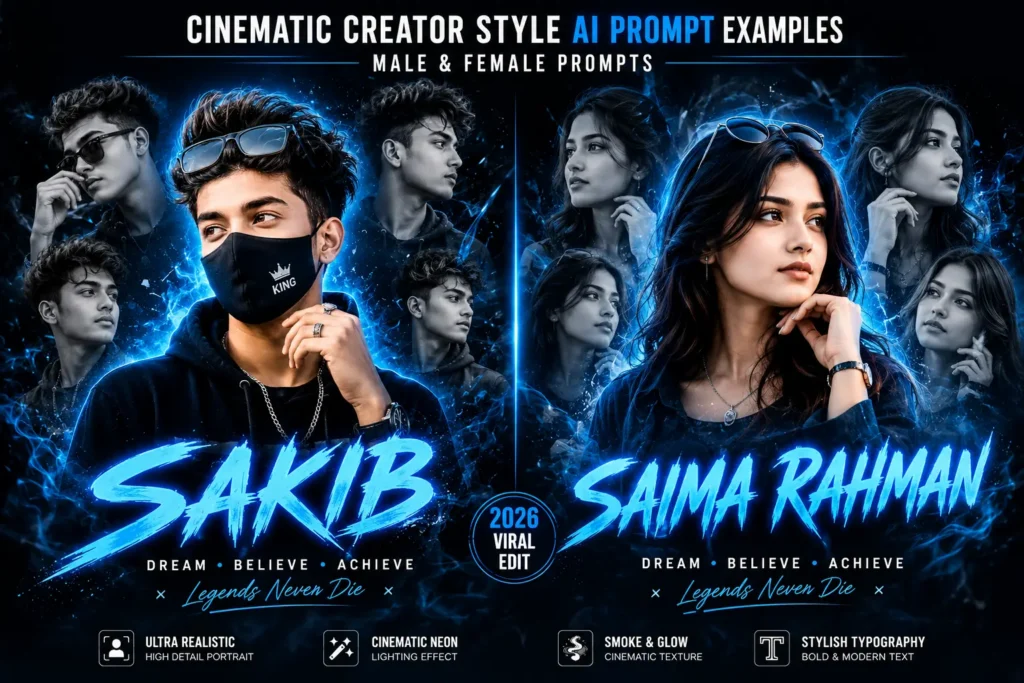 Male and female cinematic creator style AI prompt examples with neon blue collage poster aesthetics and realistic portraits
