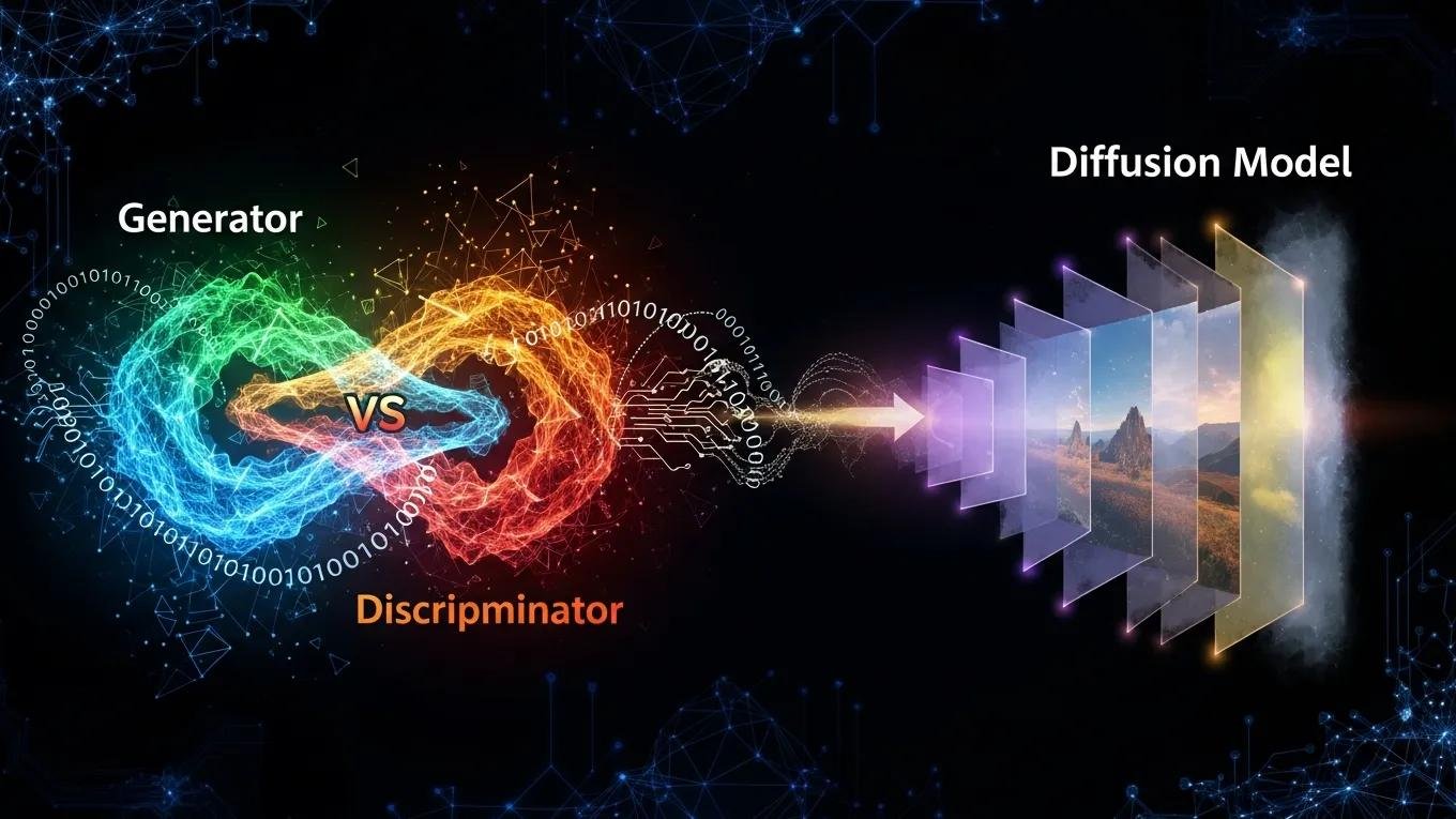 Abstract representation of AI image generation techniques, highlighting GANs and diffusion models