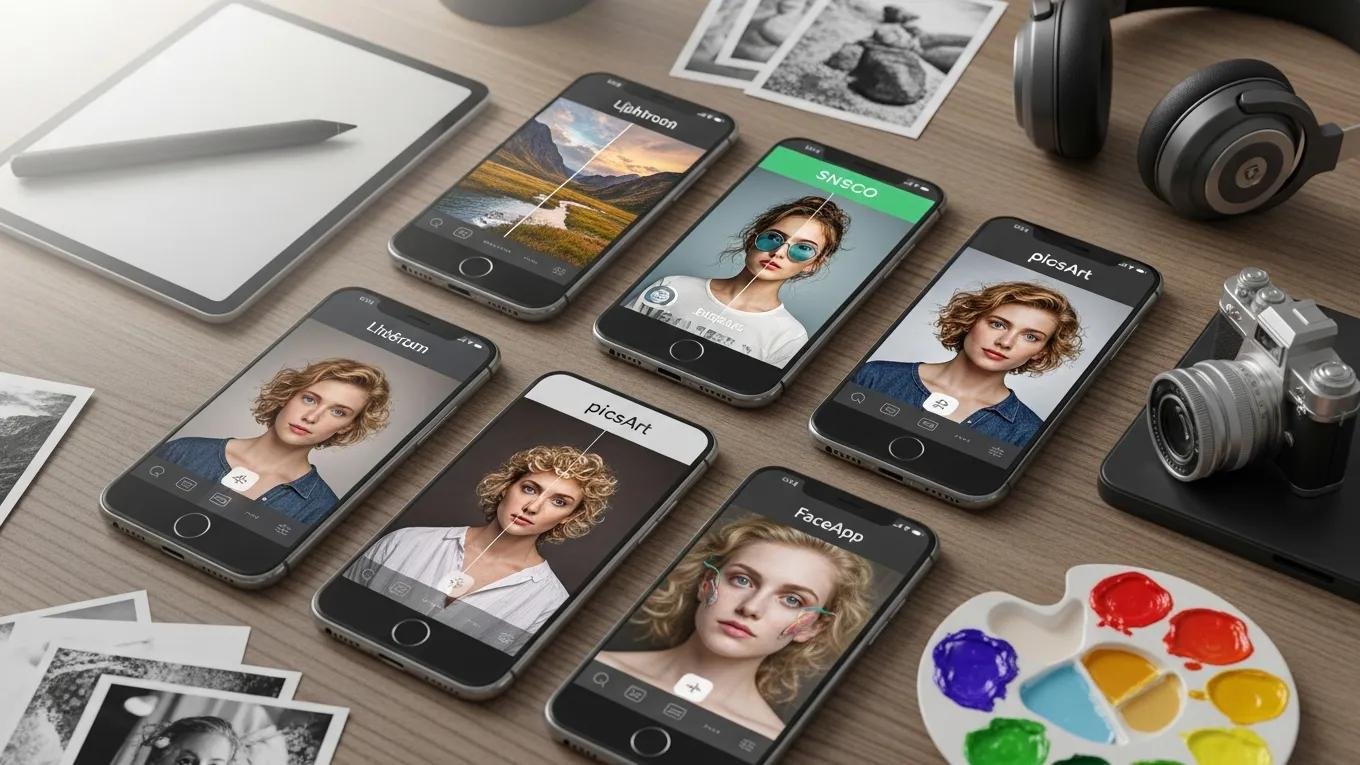 Top Picks: Best Android Camera Applications with AI Features 4 Flat lay of smartphone screens showing various AI photo editing apps and their features