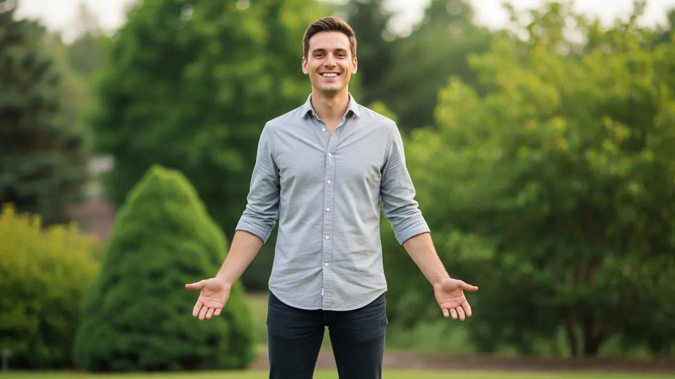 How to Pose for Photos Like a Model — Complete Guide 2026 2 Male model exhibiting open body language and a genuine smile in a natural setting
