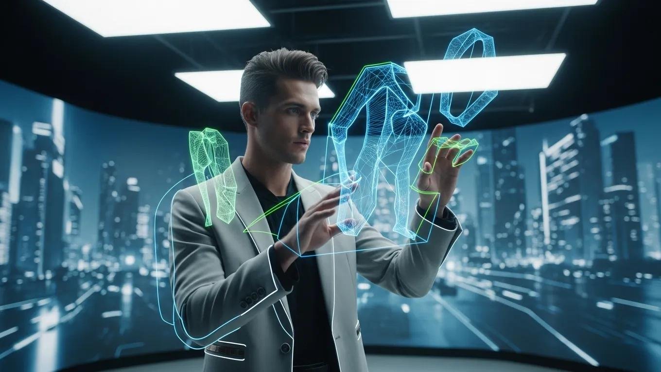 How to Pose for Photos Like a Model — Complete Guide 2026 3 Male model using augmented reality technology for pose guidance in a high-tech studio