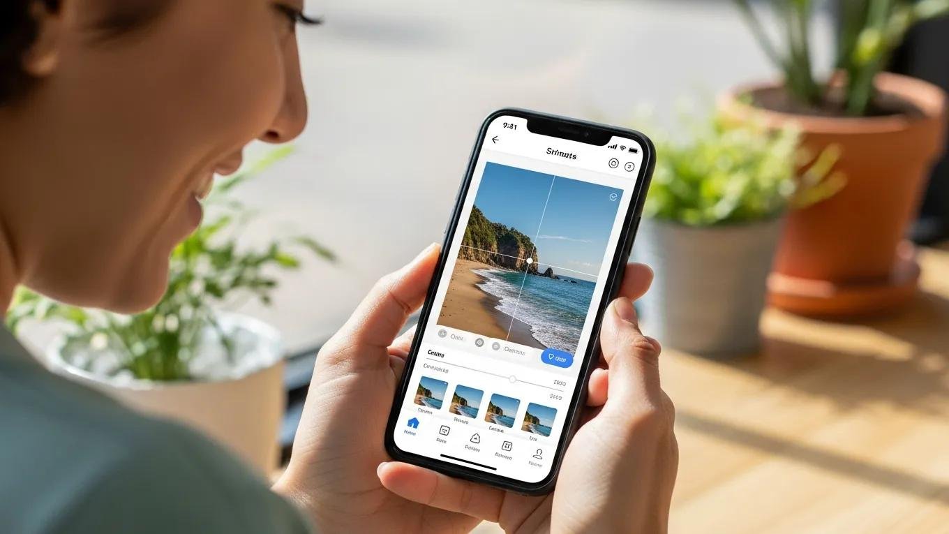 Person happily editing a photo on a smartphone with a user-friendly app