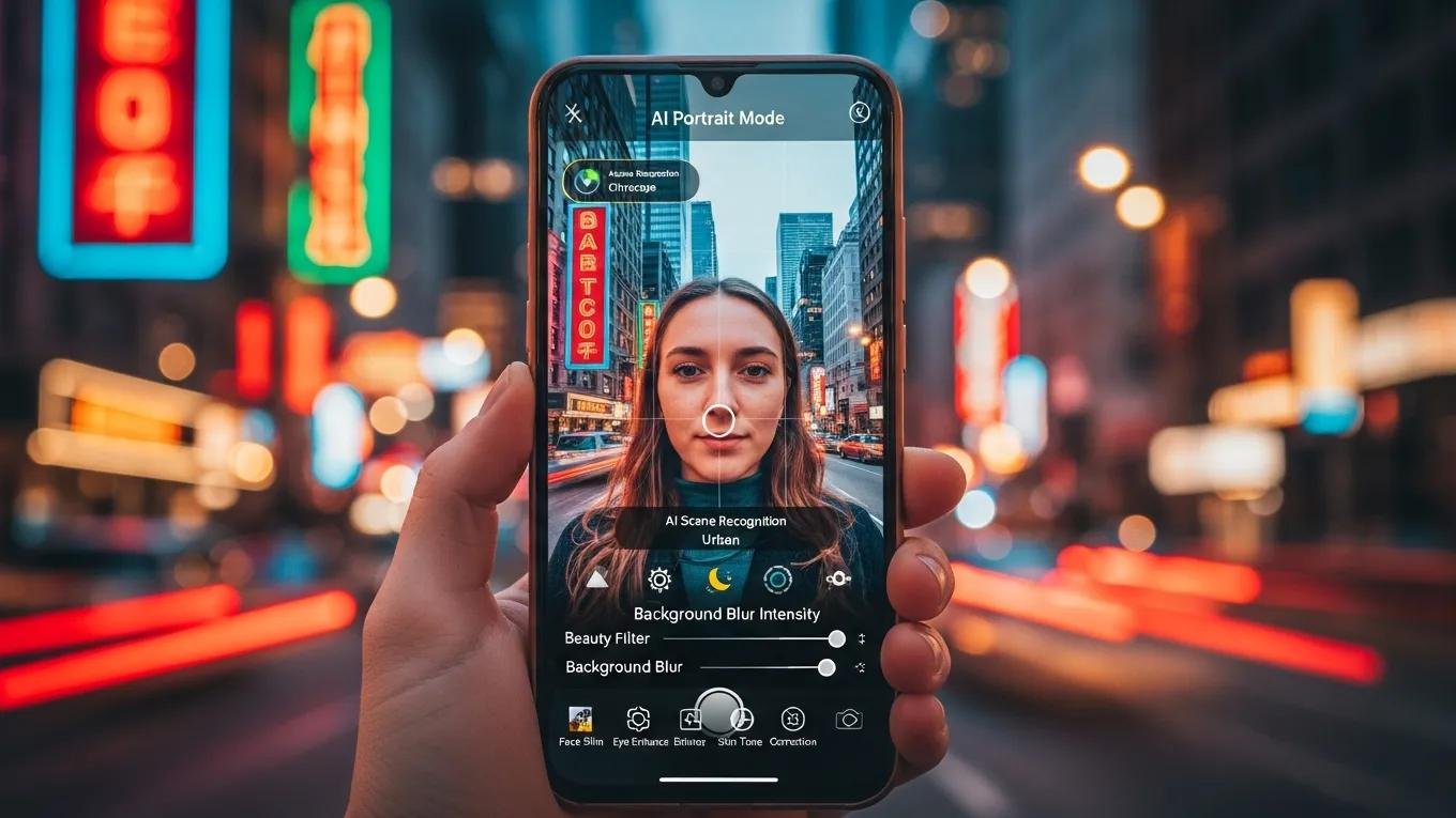 Top Picks: Best Android Camera Applications with AI Features 3 Person taking a selfie with a smartphone, illustrating AI portrait mode capabilities