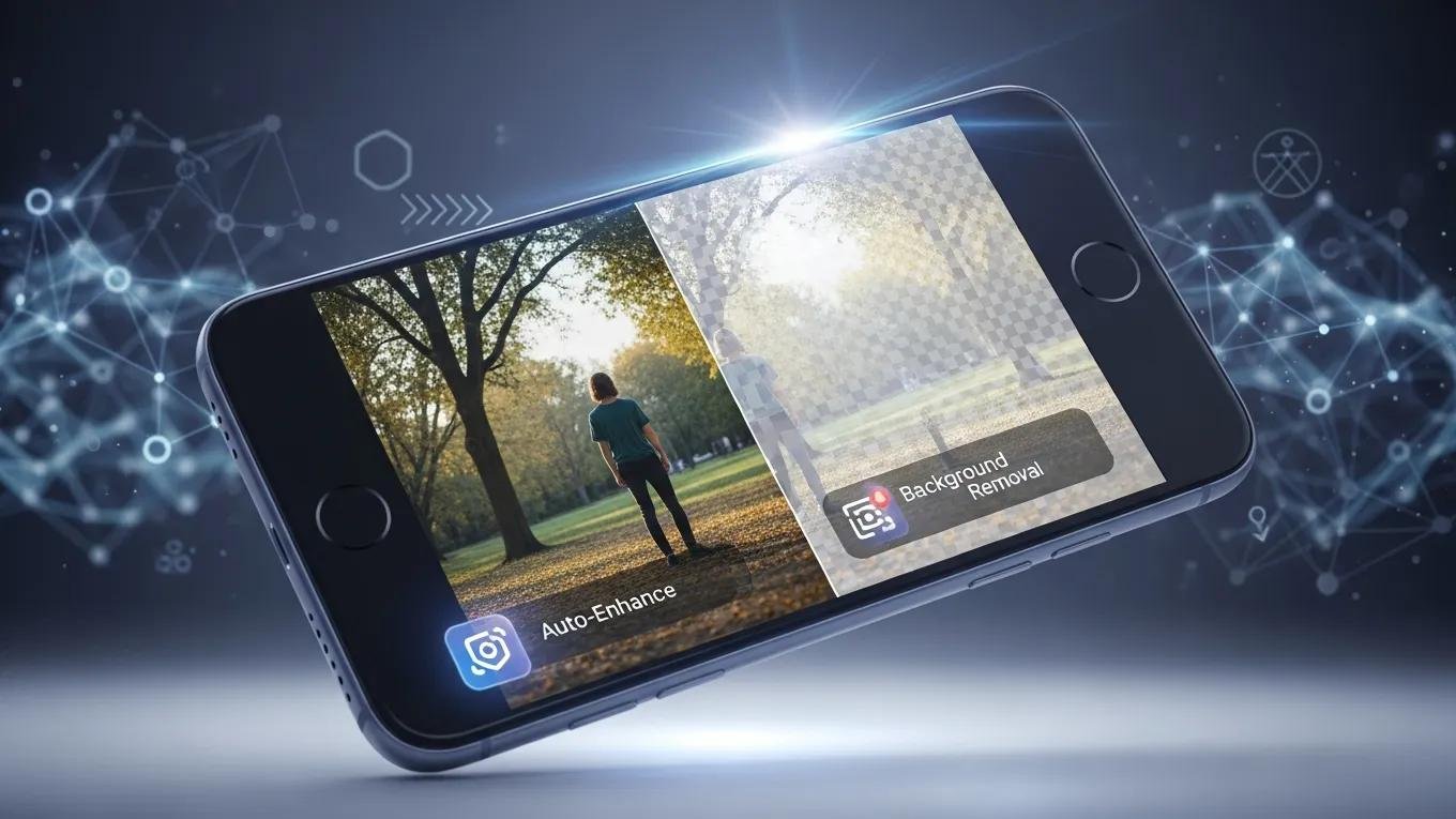 Smartphone showcasing AI features in photo editing with digital elements