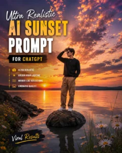 Featured image showing a stylish young man standing on a rock in a calm lake at sunset with cinematic golden reflections and the text 'Ultra Realistic AI Sunset Prompt for ChatGPT – Viral Results'.