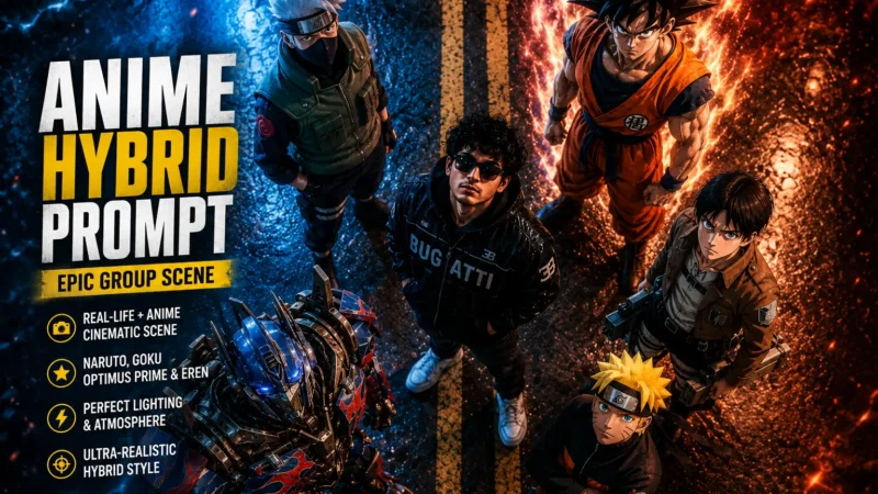 Anime Hybrid Prompt: Create Epic Group Scene with Naruto, Goku, Optimus Prime & Eren