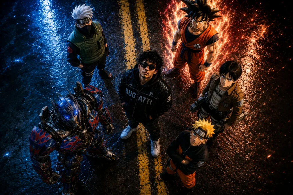 Anime Hybrid Prompt: Create Epic Group Scene with Naruto, Goku, Optimus Prime & Eren 2 Anime Hybrid AI Prompt